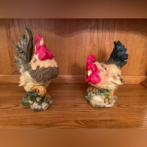pair of large decorative rooster and hen figurines,